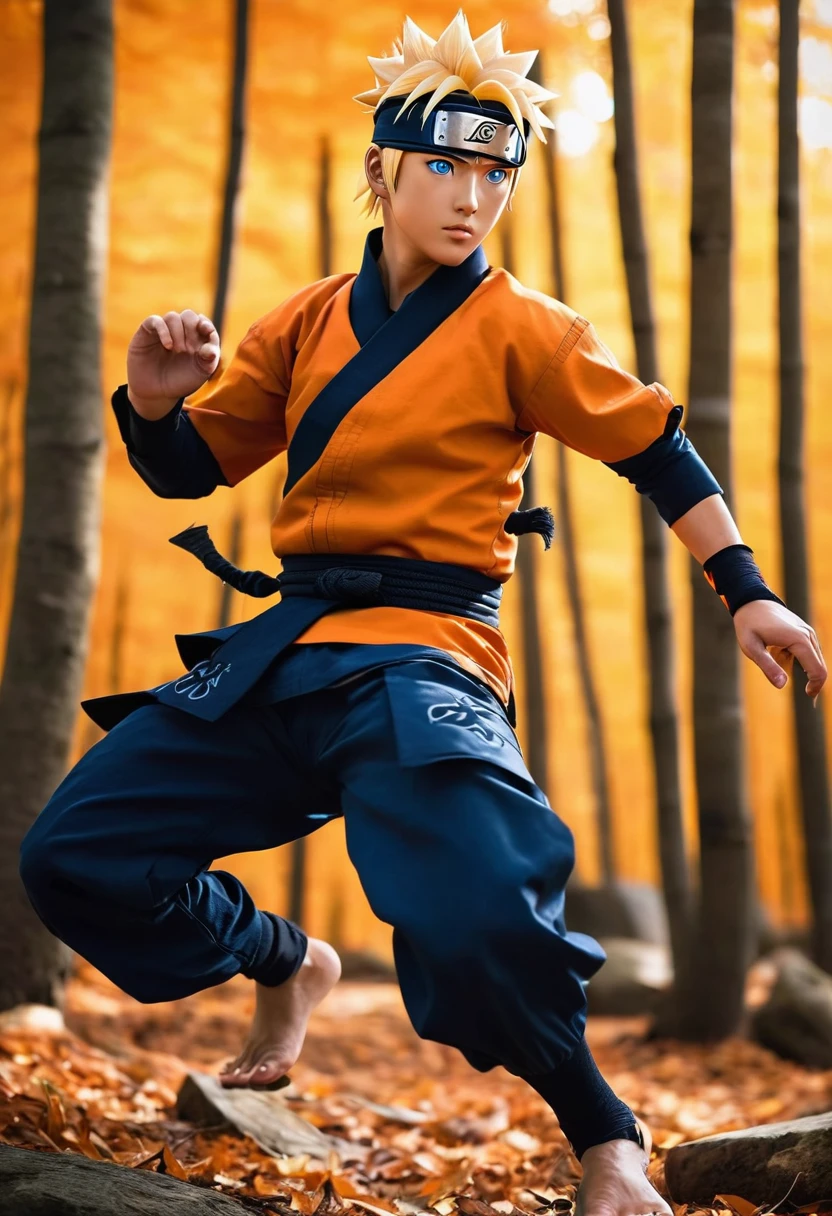Naruto Uzumaki dressed in his traditional outfit, detailed facial features, expressive eyes and lips, strong and determined expression, spiky blond hair, wearing his orange and black ninja costume with a high collar, Naruto headband with the Konoha symbol, dark blue pants, and sandals, dynamic action pose, running in a forest, leaping across tree branches, shurikens and kunais in hand, energetic atmosphere, comic book style, cell shading effect, vibrant colors, contrasting orange and blue tones, dramatic lighting (best quality, highres), emphasis on shadows and highlights, crisp details and textures, HD rendering, perfectly rendered muscles and clothing, meticulously drawn facial expressions, particular attention to his blue eyes, conveying his spirit and resilience.