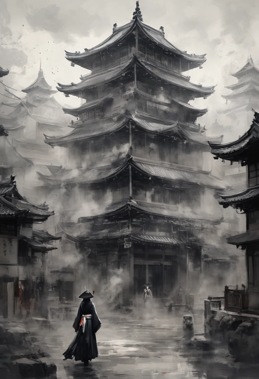 8k,Ink painting,Black and white painting,Beautiful detailed glass hair,splash,from behind,whole body,Oiran,luxurious makeup,(Gorgeous costumes,A kimono with a wide open back collar from the nape to the back:1.2),(Oiranの髪飾り,Big Barrel,Disheveled Hair),Large umbrella,(Smoke pipe),Osaka Castle seen in the distance,Dynamic movement and powerful brushstrokes、Drawing strokes drawn with rot ring 0,