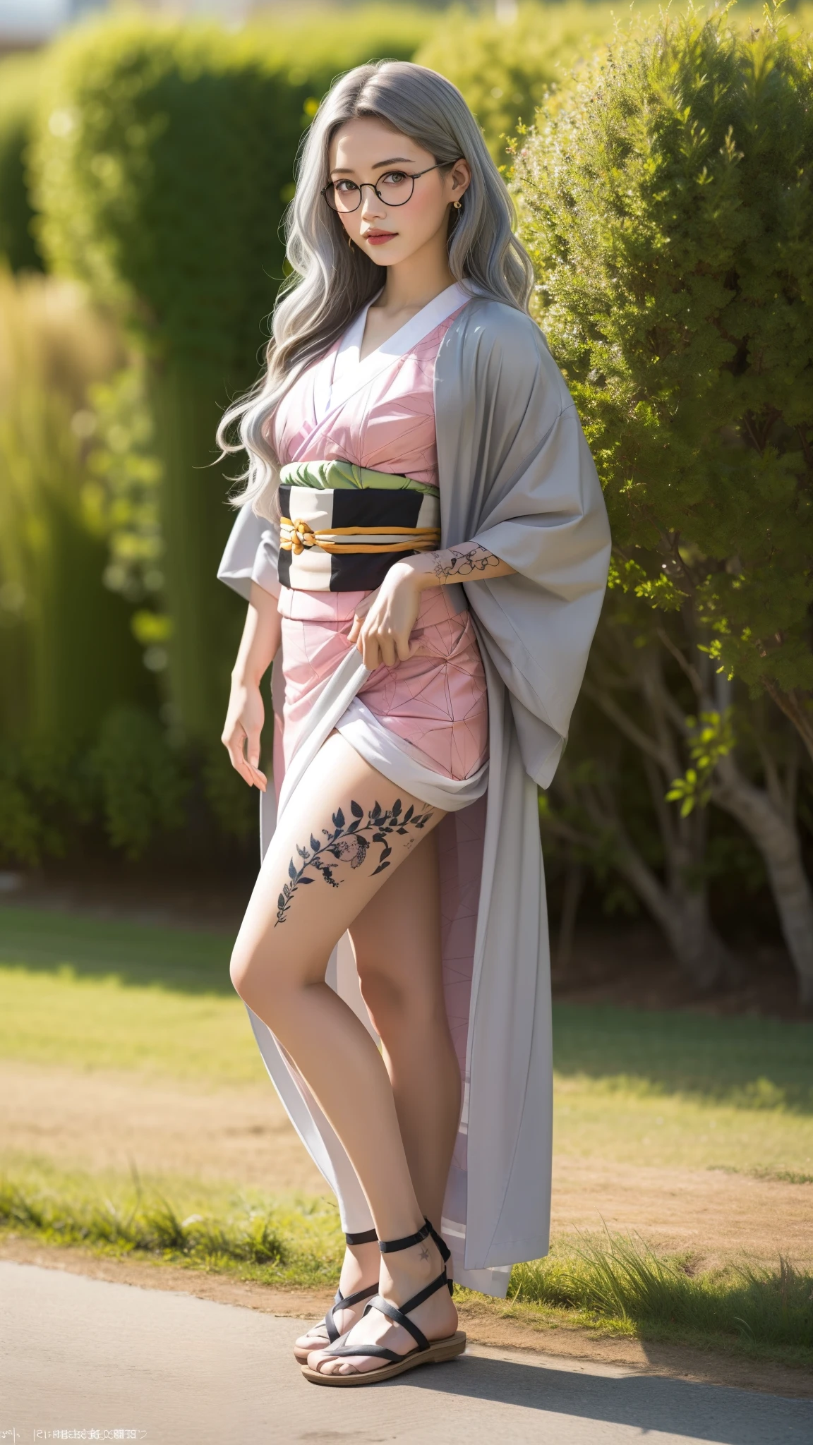 Cute Japanese woman, (), (very cute face), white moist skin, looking at camera, melancholy expression, (pink bright eyes: 1.4), (black frame glasses: 1.3)
BREAK,
Idol, (very beautiful berserker woman: 1.3), (dynamic pose: 1.3),
BREAK,
(wearing pink cute kimono: 1.3), (highly revealing kimono), very large earrings, short length, (has black grass tattoo on body: 1.3),
BREAK,
(long hair), (light gray hair: 1.4), (wavy hair), (gradient hair: 1.3), (red tips: 1.3),
BREAK,
(realistic: 1.3), masterpiece, perfect lighting, (ultra high resolution), (8K), (highly detailed: 1.4), (from the front), (full body: 1.4), (symmetrical: 1.2), (one shot),
BREAK,
(large city in Japan: 1.2),