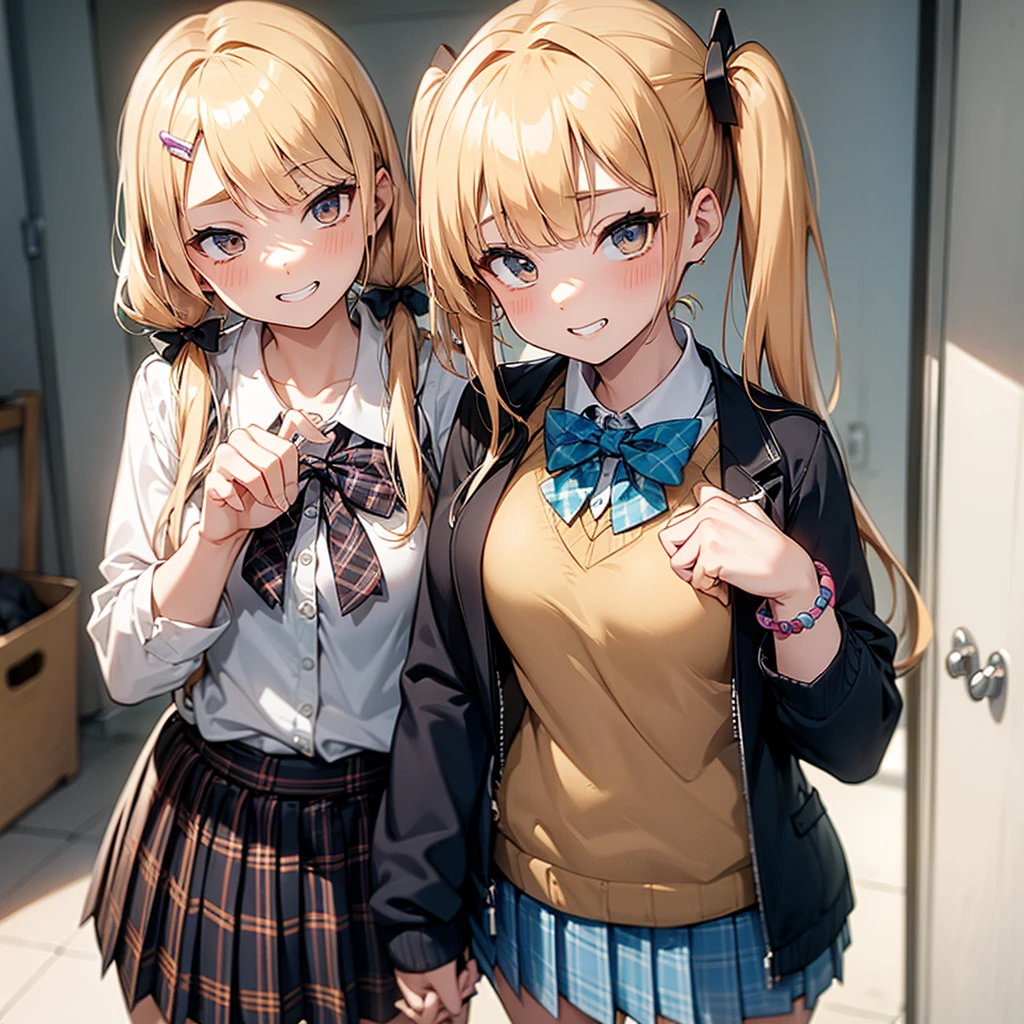 (masterpiece:1.3, highest quality, ultra high resolution, super detailed), (realistic:1.1, photorealistic:1.4), beautiful illustrations, perfect lighting, colorful, Depth of the bounds written,
beautiful fine hair, beautiful and detailed face, detailed and beautiful eyes, beautiful clavicle, beautiful body, beautiful breasts, beautiful thighs, beautiful feet, beautiful fingers,
looking at the viewer, 1 girl, Japanese, high school girl, perfect face, (perfect anatomy, anatomically correct), Cute symmetrical face, baby face, sunburn, shiny skin,
(middle hair:1.5, twin tails:1.2, blonde hair), asymmetrical bangs, blue eyes, long eyelash, (medium breasts), thin,
((collared short sleeve shirt, light blue shirt, , Grey plaid pleated skirt, navy them)), light blue panties,
(beautiful scenery), evening, (outdoor, distant cityscape), Are standing, (peace sign), (cute smile, upper eye, open your mouth), surprised face:1.2、The wind is blowing