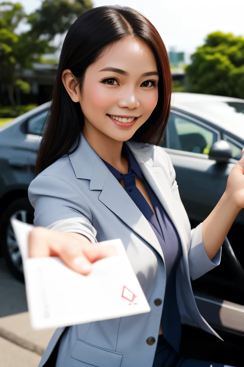 A smiling Filipino woman holding a card-type driving permit、office、business、suit、indoor、reception