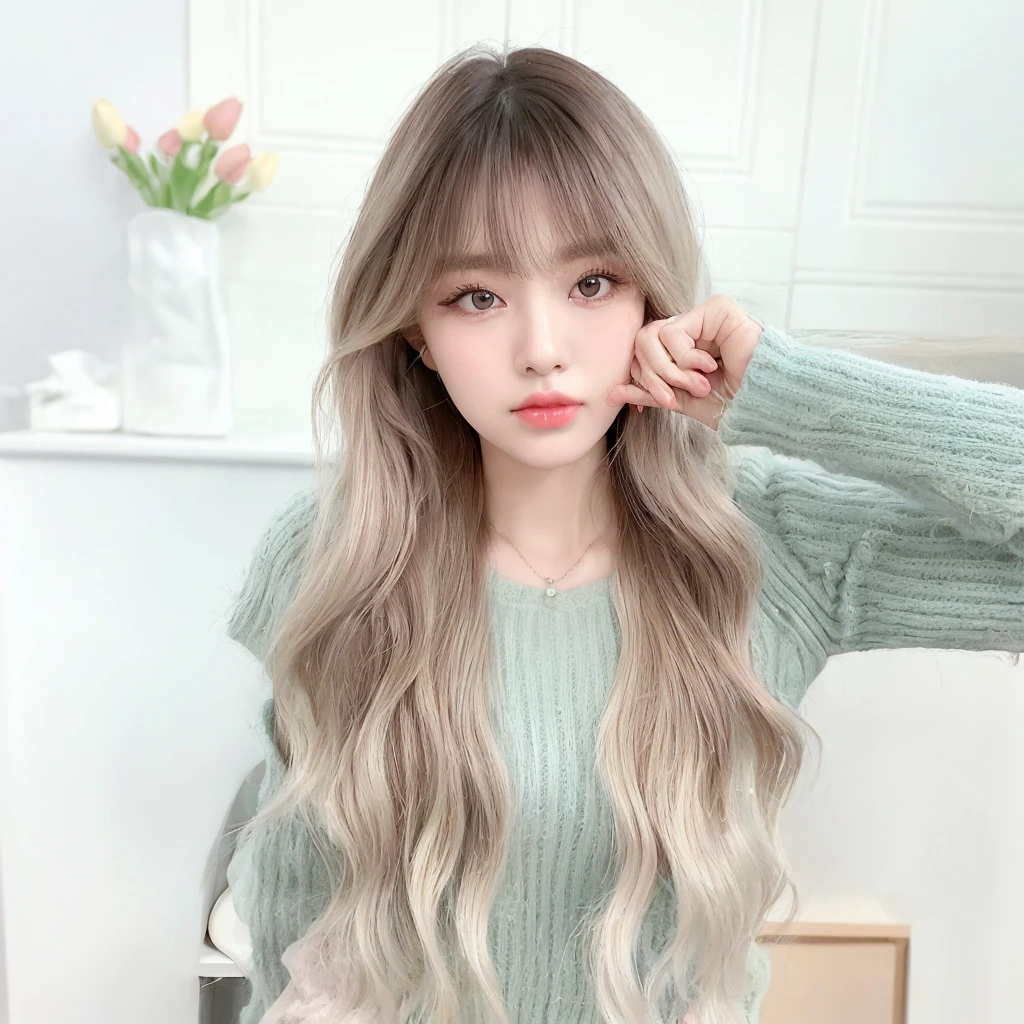((best quality, 8K, masterpiece :1.3)), Clear focus :1.2, KPop Girls Korea. Rose. Rose. 24 years old. Body. Slim. Thin. Fascinating. ((Makeup face. Lipstick)) Long curly hair . )) Also show your ears. In front of the camera.Practical. Close Range. 20 days, Solitary, Photo-real