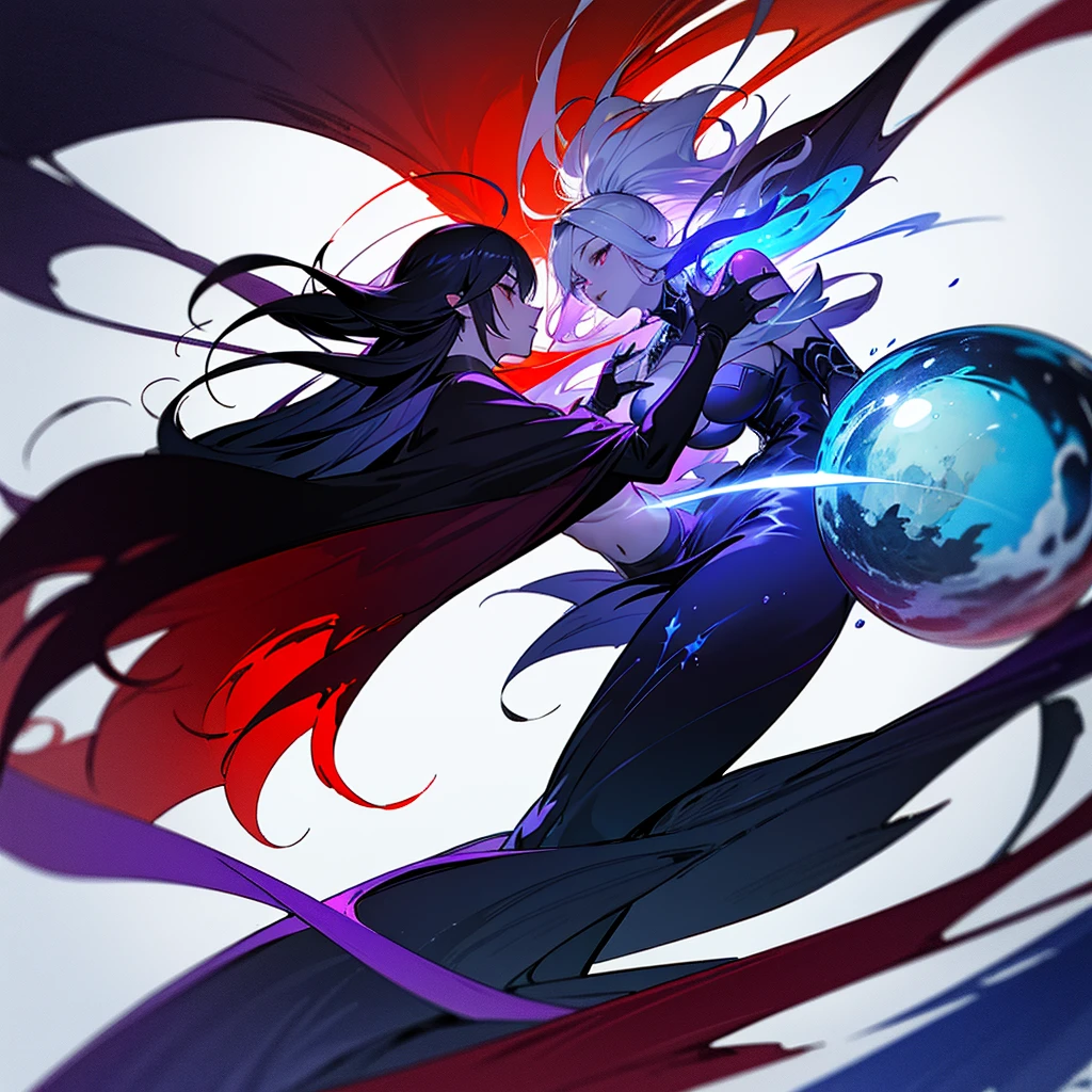 concept art of a fantasy logo, black and white theme with red, blue and purple, a water woman and a fire man converging and revolving around each other onto a sphere