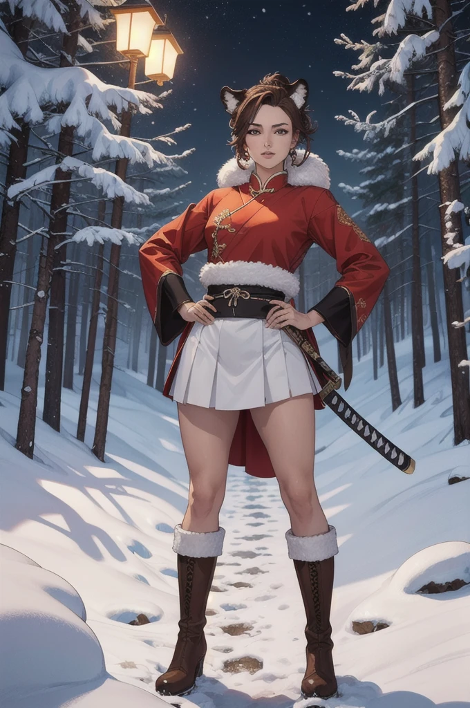 Masterpiece artwork, 4K, highly detailed,high qualiy,beautiful face of J Scott Campbell using ArtCalmV2, Kizi, furry, Charismatic, dynamic pose, snowy forest at night, red chinese traditional clothes, white skirt, Brown boots,katana is carefully stored on his hip, has short light brown hair and tiger ears, beyond a tiger&#39;s tail, green eyes reflect a guarded posture and a display of resilience, surrounding environment is a forest landscape at night, illuminated by the dynamic light of the full moon, creating a contrast between the wild and relaxing environment, por Greg Rutkowski,