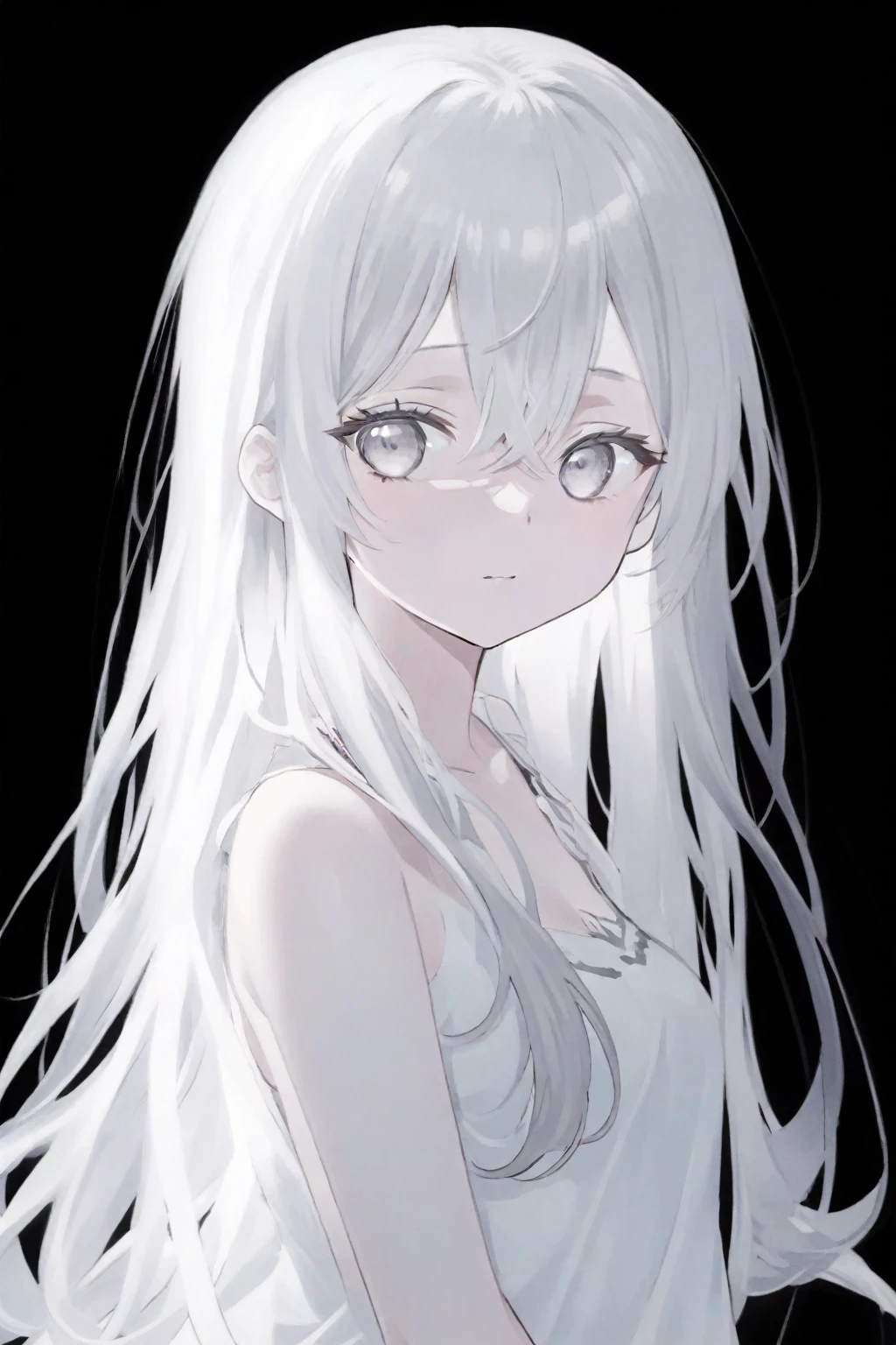 anime girl with long gray hair and white dress looking at camera, gray haired, girl with gray hair, perfect gray haired girl, A white-haired, gray haired deity, gray hair, one girl has gray hair, flowing gray hair, gray haired lady, with long gray hair, with long white hair, Shikamimi, her hair is white