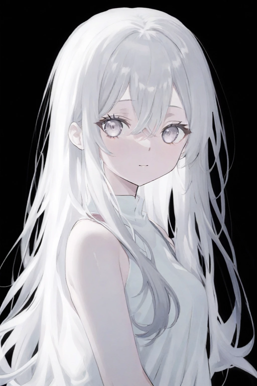 anime girl with long gray hair and white dress looking at camera, gray haired, girl with gray hair, perfect gray haired girl, A white-haired, gray haired deity, gray hair, one girl has gray hair, flowing gray hair, gray haired lady, with long gray hair, with long white hair, Shikamimi, her hair is white