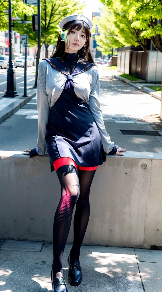 mix4, (16K, Raw photography, Top image quality, ​masterpiece: 1.45), (realisitic, Photorealsitic: 1.37), one girls, 7．5, etc、Standing figure，Noon time slot、cute little, A city scape,, profetional lighting, photon maping, Cityscape with street trees, physically-based renderingt, Gradient dark brown hair,, a handsome, Well-groomed and beautiful eyes、Large double eyelids、Very shiny、girl with, (((student clothes、Long sleeve sailor suit worn by Japan 、red cuffs、Dark blue mini skirt, Small gray beret、Dark blue knee-high socks、Black loafers))), Top Quality Photos, hight resolution, 1080P, (clearface), (Detailed face description), (Detailed hand description), (​masterpiece), (Exquisite CG)、extreme light and shadows、dishevled hair、master work、abundant detail、(Fine facial features)、(top quality photo)、(masuter piece)、(A detailed eye)、Look in front of you、Fine clavicle、((Slender Big))、(((Japan  in long-sleeved sailor suit)))、((Ready Idol System))、((Boulevard with street trees、Roads at the scramble intersection))、(Shooting from random perspectives)、(((Anyway cute)))、earrings、A big smile、Drawing the whole body from the knees、Do not draw nasolabial folds、(((Long-sleeved sailor suit)))、(Big breasts that hang down big:1.2)、Big buttocks with tension、Two arms and two legs、(((from the front side:0.5)))、bare hand、No mask