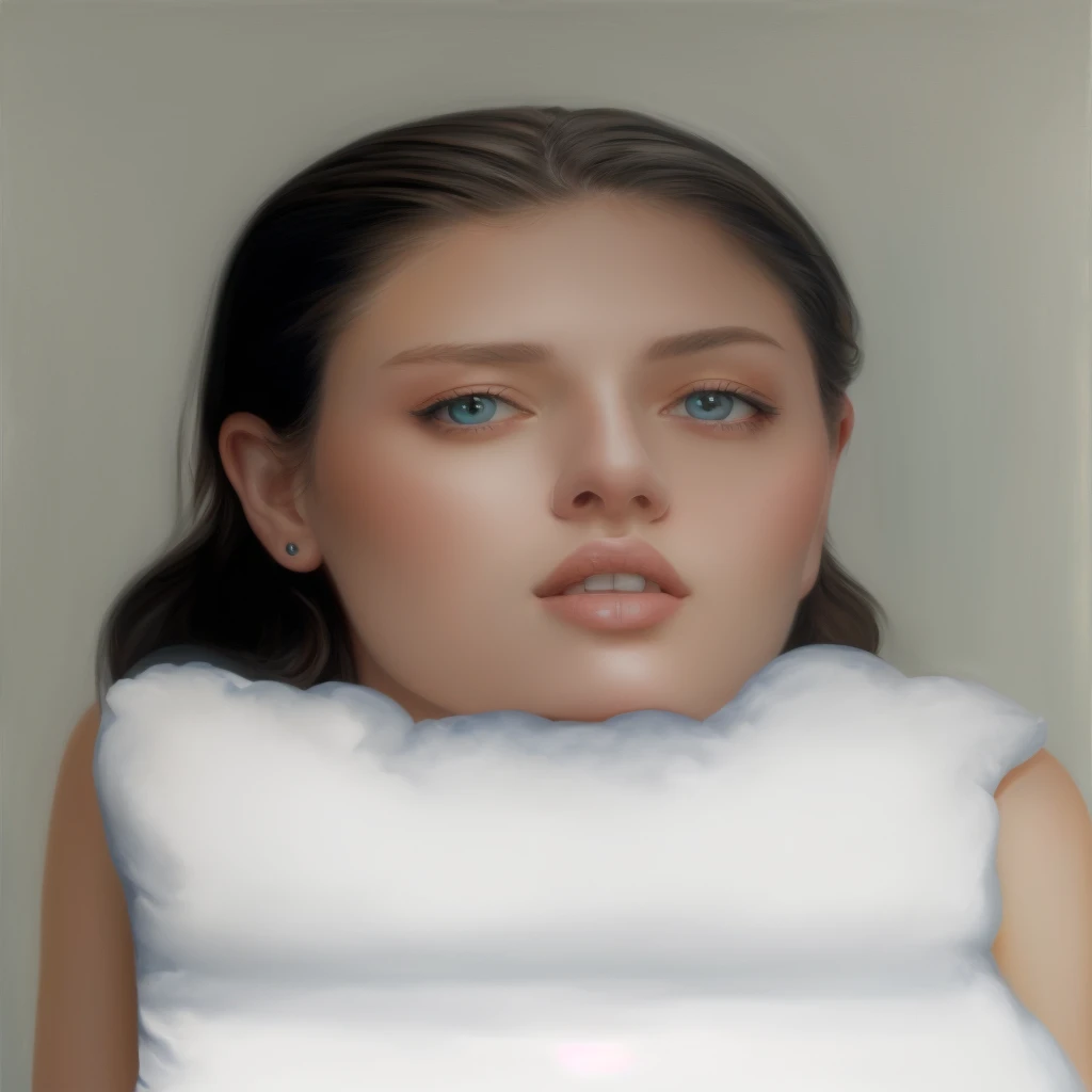 there is a Youngh girl with a white shirt and a white pillow, clouds, Digital oil painting with airbrush, Hybrid , rosto feito de clouds, gently retouched works of art, side centered painted portrait, Youngh , realistic studio portrait, #1 digital painting of all time, # 1 digital painting of all time, soft portrait, cartoon digital painting, on a cloud