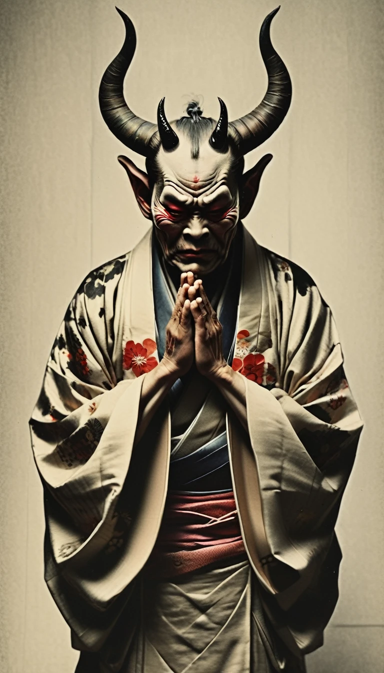 Japanese demon、Horns growing、Are crying、Wearing a kimono,Color,Mouth closed to ears,Hands together in prayer