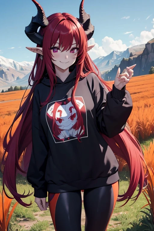 woman, long hair, red hair, on her head she has two horns, her body has more curves, violet eyes, she is smiling, wears a sweatshirt, black sweatshirt with symbols in white, wears leggings , uses two rings on his hand, the scene and in a field