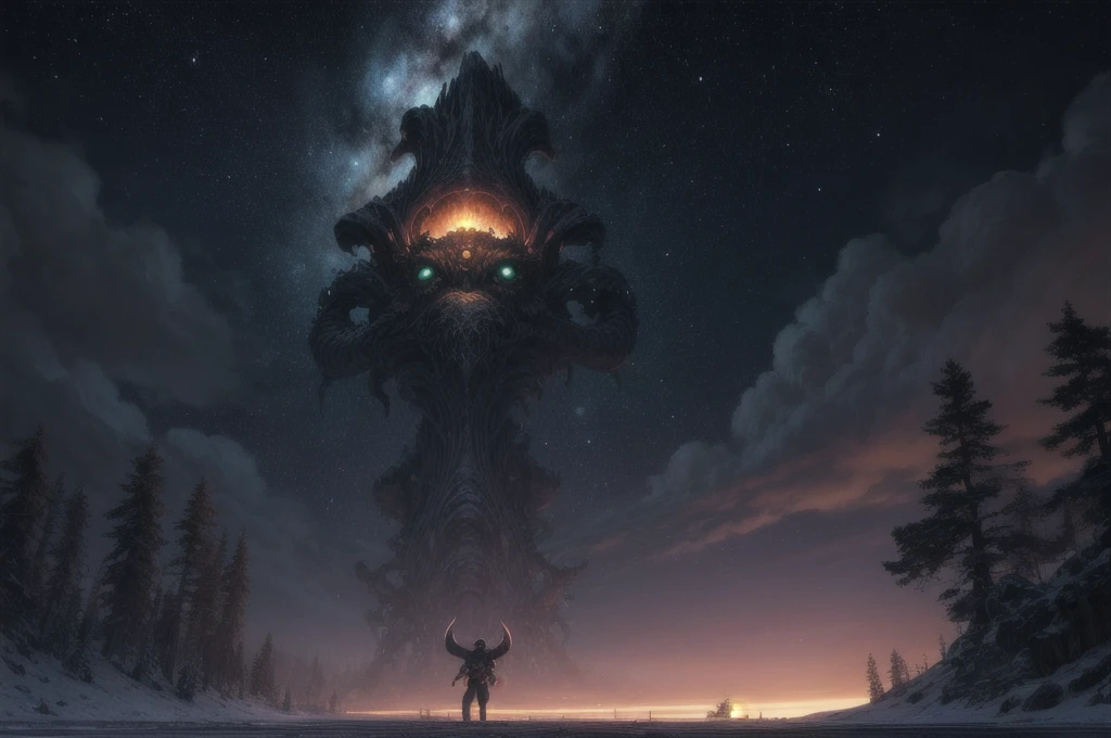 quasar, Quantum Star, exist, The art of math. Dan Mumford (dan mumford) and artwork from Pixar Ghibli and Disney Animation. 4K UHD image of a lovely Cthulhu in the sky,There are many small trees around,Looks like something from the Far Lands,By Frank Frazetta, bloom, Dramatic Lighting. Unreal Engine 5 Rendering. High-quality illustrations. Hot