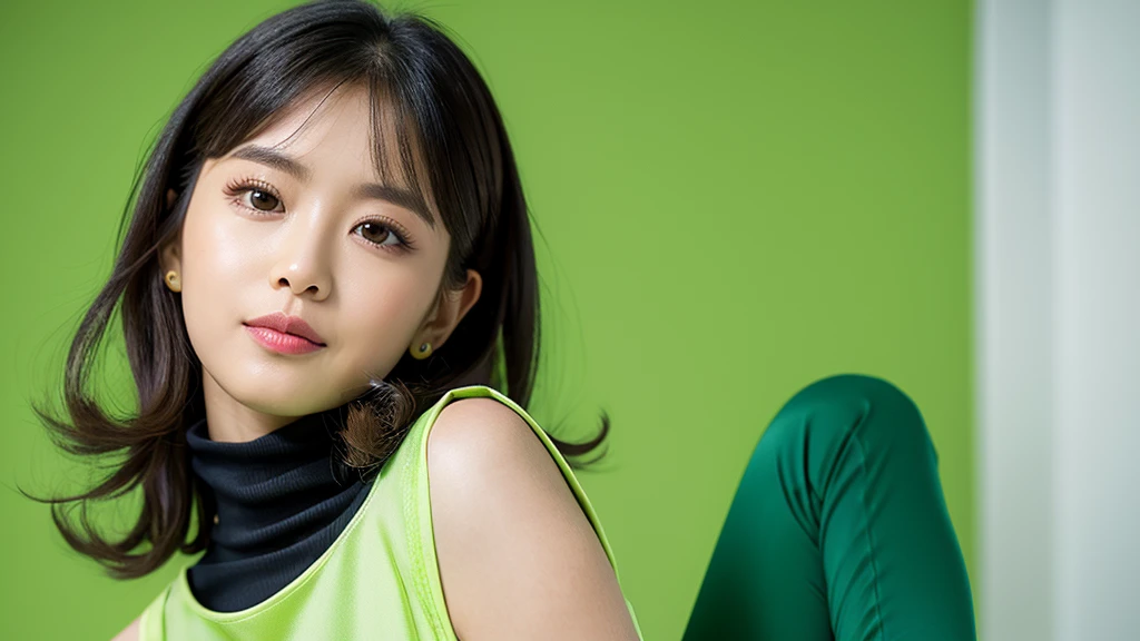 (Detailed face),vivid,cute,Sleeveless and(turtleneck)Green silky clothes,4K,Ultra-high resolution,(Photorealistic:1.7),Plain Green Background,Long, curly black hair,