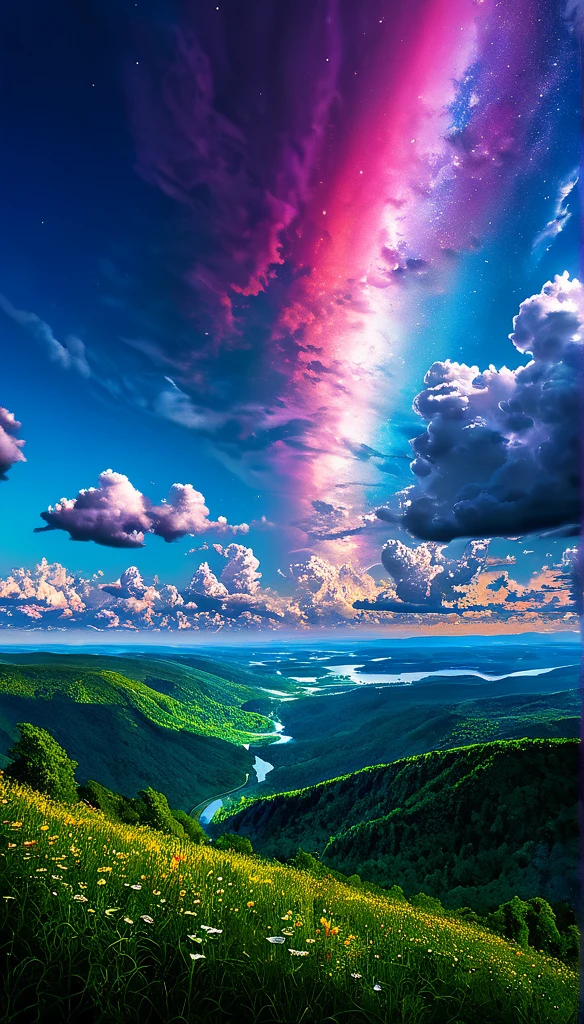 summer sky,photorealistic,highly realistic,extreme details,breathtakingly realistic,high contrast realism,high saturation realism,vibrant colors,dramatic lighting,captivating landscape,compelling storytelling,atmospheric scene,mesmerizing visuals,intricate details,strong emotions,celestial beauty,dreamlike world
