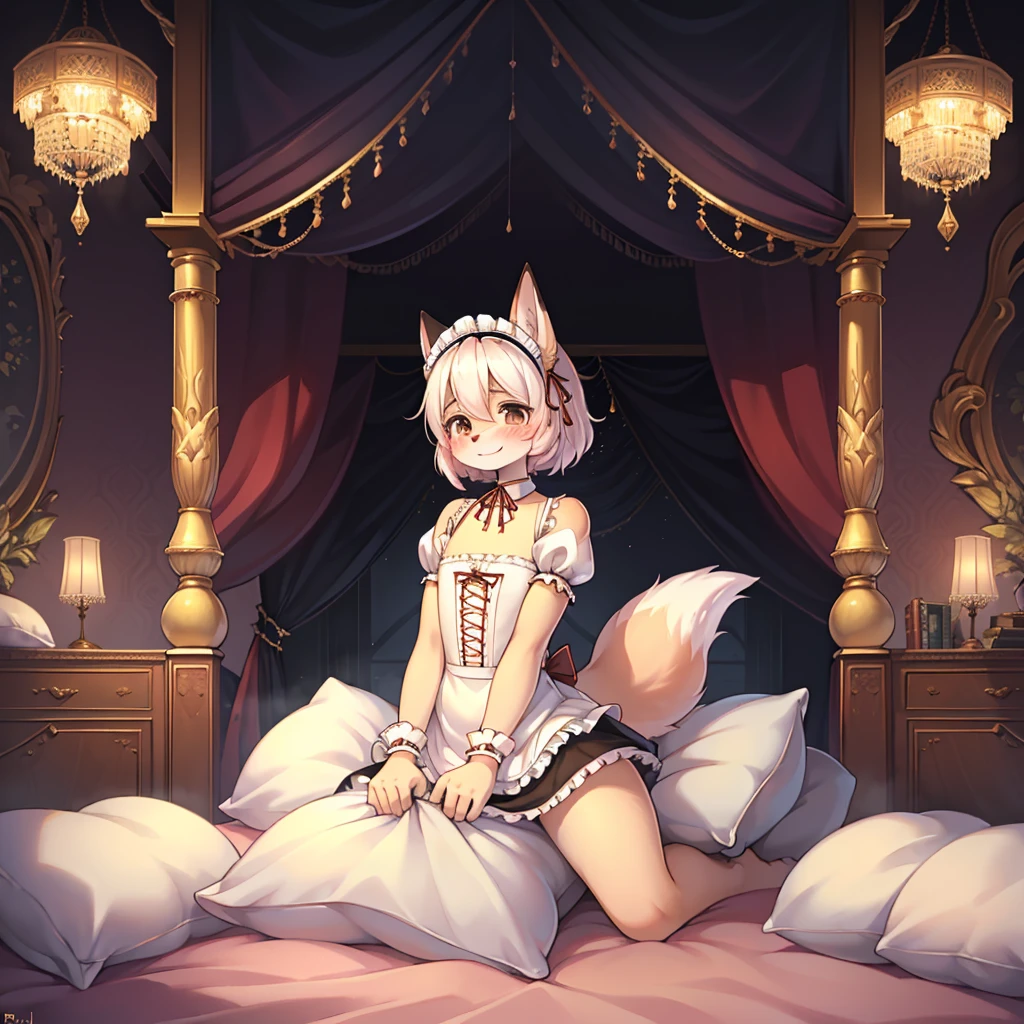 (masterpiece,best quality),mine, The Beast, , (Light and shadow suitable for any Pillow background)), Cute girl in Maid costume posing on Pillow, Maid costume,White,nature,, (blush),a smile,Pillow,(Lots of Pillow),Soft cushion,(canopy bed),Soft pillow,(Pillow damage),Lots of Pillow,(Friction in the crotch),((Pillow Hump)),(Pillow Head),(A tail),,(Pink Pillow),(Around the protagonist),steam,(Pillow Head),(),(Luxury Pillow),(Palace Pillow Pattern Pillow),(palace),(Palace bedroom),(Gorgeous Pattern Pillow),Soft Pillow,,(Classical European style bedroom ),(excited,shy person,Lack of expressiveness,),pillow hump,Fox Girl,(Deluxe Rococo Canopy King Bed),Luxurious curtains with ornate ruffles and ribbons hang around the large bed.,((((The bed is piled with many Pillows)))),Quilt details,Detailed bed linen,Ruffled Bed Skirt,Deep Bed,Background with depth,((Pillow in detail)), ((((A Lot of Pillow)))),,,Detailed Soft Pillow,,((女孩正躺在许多Soft Pillow上,There are many Pillows around)),、 Long nightgown with ruffles and ribbons、In a huge, Large canopy bed、Soft sheets and quilts、Colorful soft Pillow、Lots of Ruffled Pillows and Ruffled Bed Skirts、Soft toned bed、Ruffled curtains around the bed.。Delicate face。