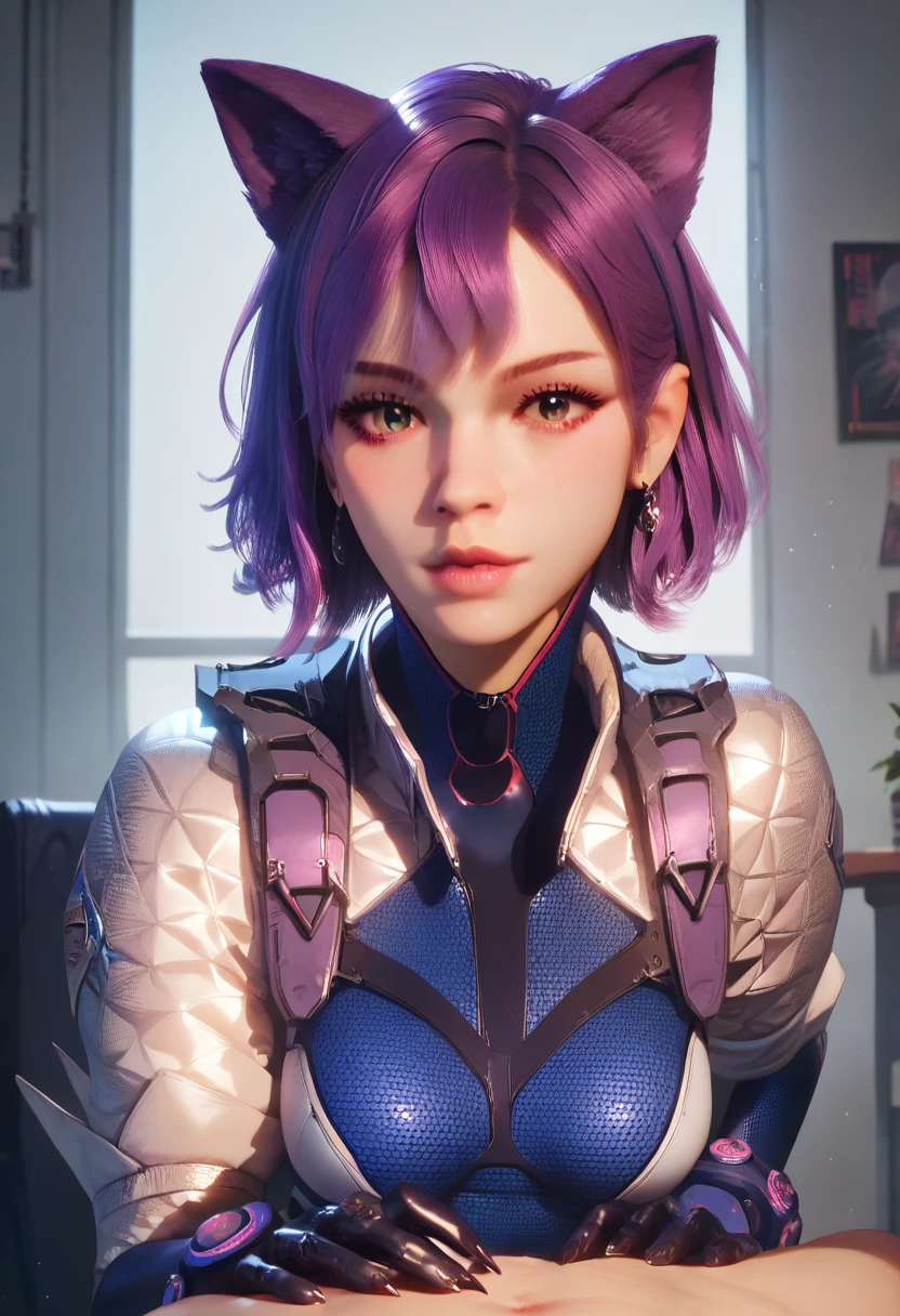 score_9, score_8_up, score_7_up,score_6_up, score_5_up, 1girl, looking at the viewer, bodysuit, cat ears, purple hair, short hair, indoors,
