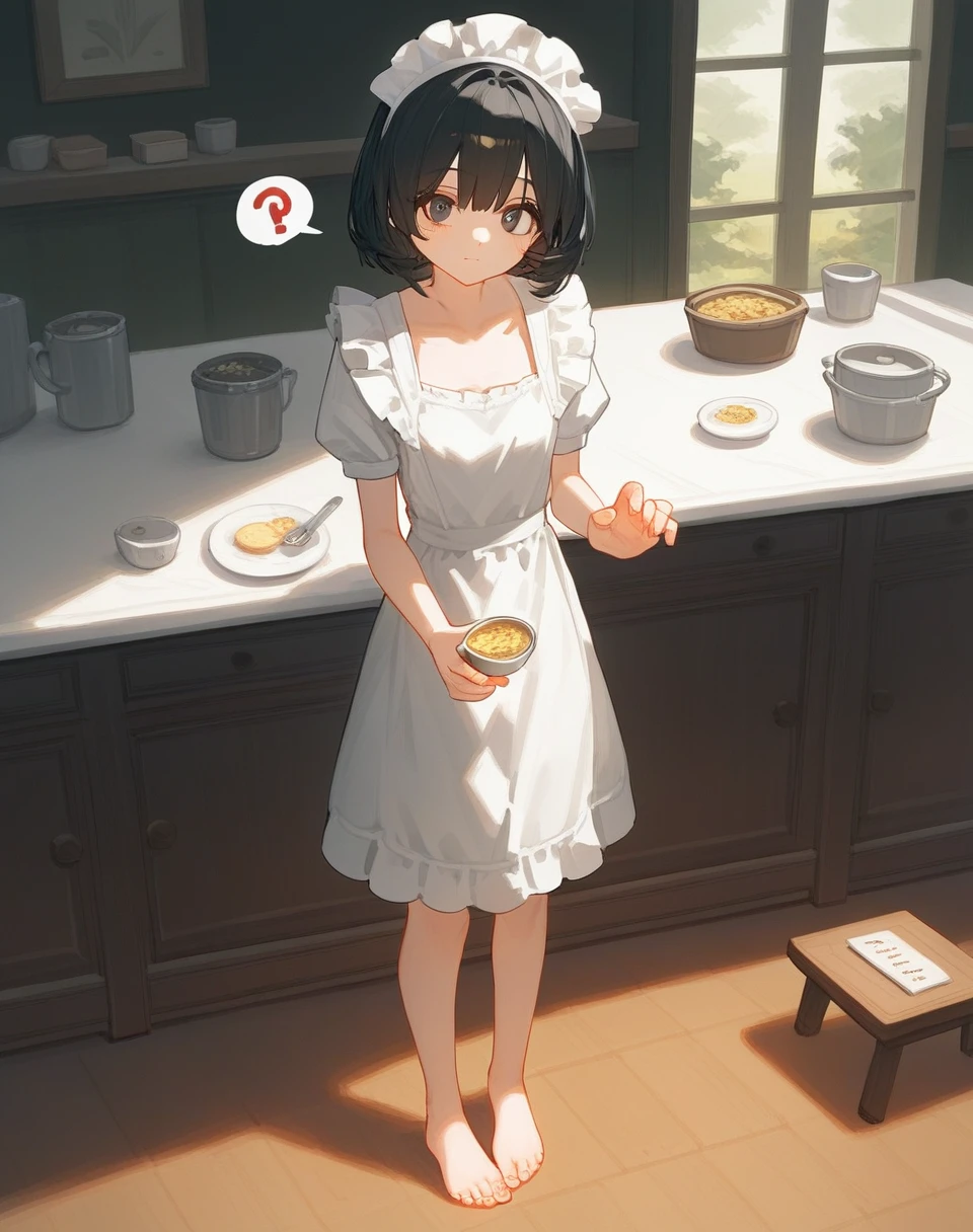 (punctuation_9,punctuation_8_High above,punctuation_7_High above,punctuation_6_High above,punctuation_5_High above,punctuation_4_High above),1 girl,standing alone,housekeeper,housekeeper headdress,looking ahead at viewer,apron,chestnut hair,Inside the house,Bblack hair,bare feet,focus on feet,