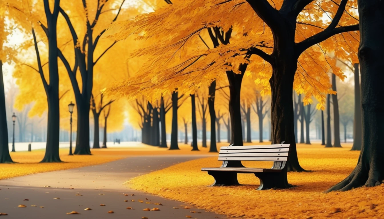 forest autumn orange scene, a park bench under a large deciduous tree, yellow leaves falling everywhere, golden hour scene,UHD,(Best Quality),(Masterpiece Photos), (Details:1.4),(8k Highly Detailed)(Best Quality),(Best Shading)