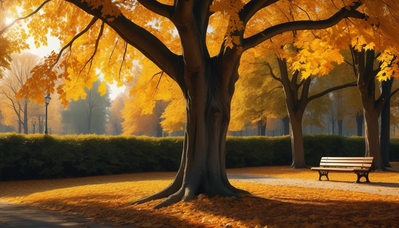 forest autumn orange scene, a park bench under a large deciduous tree, yellow leaves falling everywhere, golden hour scene,UHD,(Best Quality),(Masterpiece Photos), (Details:1.4),(8k Highly Detailed)(Best Quality),(Best Shading)