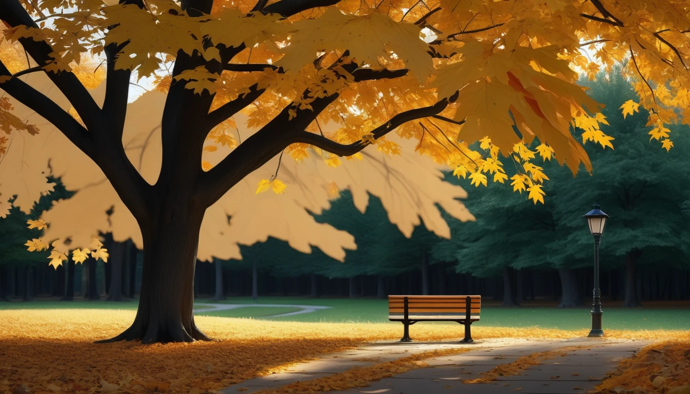 forest autumn orange scene, a park bench under a large deciduous tree, yellow leaves falling everywhere, golden hour scene,UHD,(Best Quality),(Masterpiece Photos), (Details:1.4),(8k Highly Detailed)(Best Quality),(Best Shading)