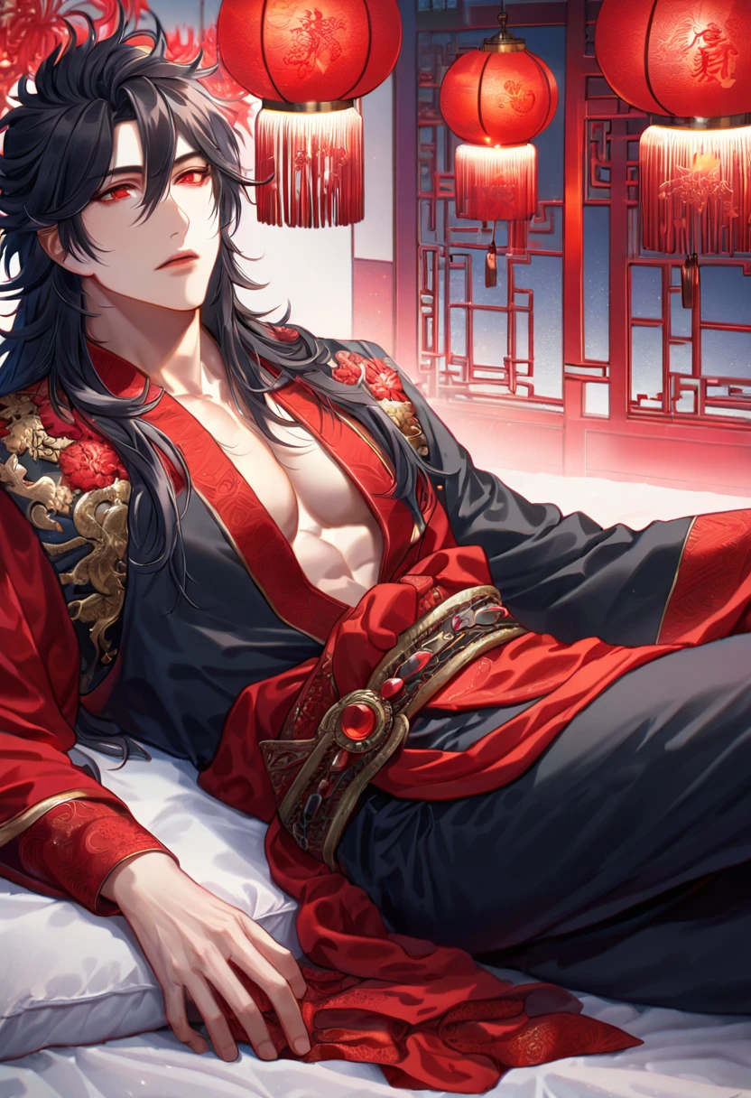 absurdres, highres, ultra detailed, HDR, master piece, best quality, extremely detailed face, delicated features, Xue Yu, untamed spiky hair, black hair, long hair, hair between the eyes, expressive red eyes, Thousand Years War, solo, sexy man lying on a bed, handsome, toned chest, black haori, red fantasy robes, black pants, room, bed, magical, red spider lilies, red lanterns, red floating round lights, Chinese ambiance