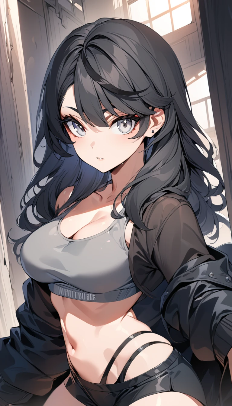 (( Fascinating, Mature, White eyes)), (Grey crop top, Black underwear, Short clothes), (Long black hair), (20 years), (1 girl), (4K Style))