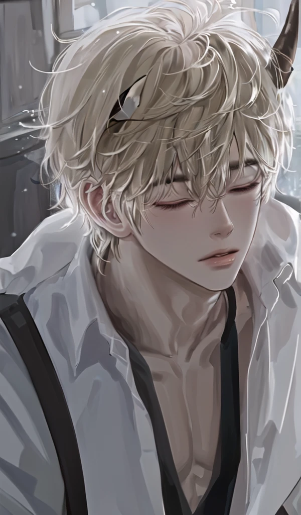 1 men, beautiful lips, male, blonde hair messy, half-closed eyes, white horns