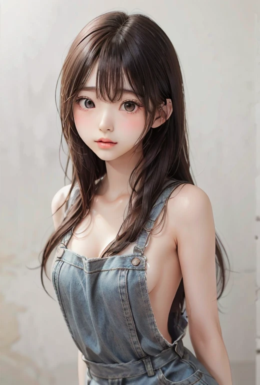A girl, Solitary, Brown long hair,Bangs, Mixing braids and long hair , Wear a suspender denim dress, Backless denim dress,Small Breasts,Brown eyes, Upper body photo,Sideways photo, Gray background, ,Delicate face, purebred face_v1, Beautiful lips, King Reuters