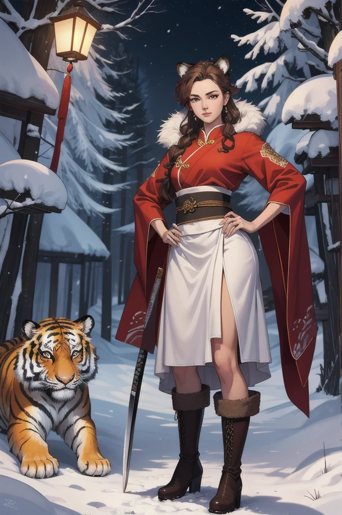 Masterpiece artwork, 4K, highly detailed,high qualiy,beautiful face of J Scott Campbell using ArtCalmV2, Kizi, furry, Charismatic, dynamic pose, snowy forest at night, red chinese traditional clothes, white skirt, Brown boots,katana is carefully stored on his hip, has short light brown hair and tiger ears, beyond a tiger&#39;s tail, green eyes reflect a guarded posture and a display of resilience, surrounding environment is a forest landscape at night, illuminated by the dynamic light of the full moon, creating a contrast between the wild and relaxing environment, por Greg Rutkowski,