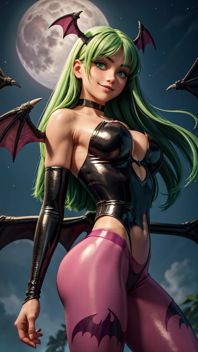 morrigan, cute smile, (Beautiful bright green eyes), (long green straight hair, bangss), (head wings), (black latex collant, bared shoulders, heart cutout on navel), neckleace, (bright pink hose, Bat print), bat wings on the back, (bright pink bridal gauntlets, white fur lining), (looking ahead at viewer), (dark moonlit sky background)