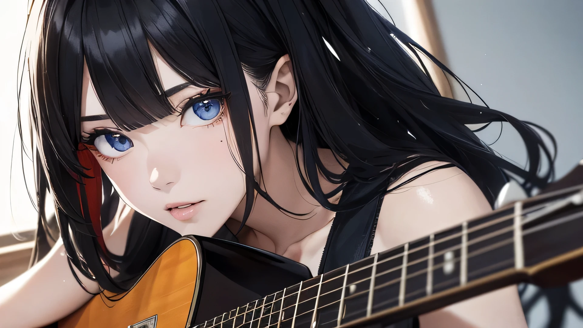 Absurd, Ultra-detailed,Bright colors,(In 8K:1.1),Masseter muscle area,Very beautifully detailed face and eyes, 25 years old, 1 girl,(Smooth and straight black hair:1.1), (Glossy straight long hair:1.1),(Straight Bangs:1.1) Delicate and beautiful face, blush(Deep blue eyes:1.1: 白いシャツと青いデニムジーンズを着てguitarを弾いている), A lovely spot of nature, Detailed face, Mouth open.、((アコースティックguitar))guitar((string))
