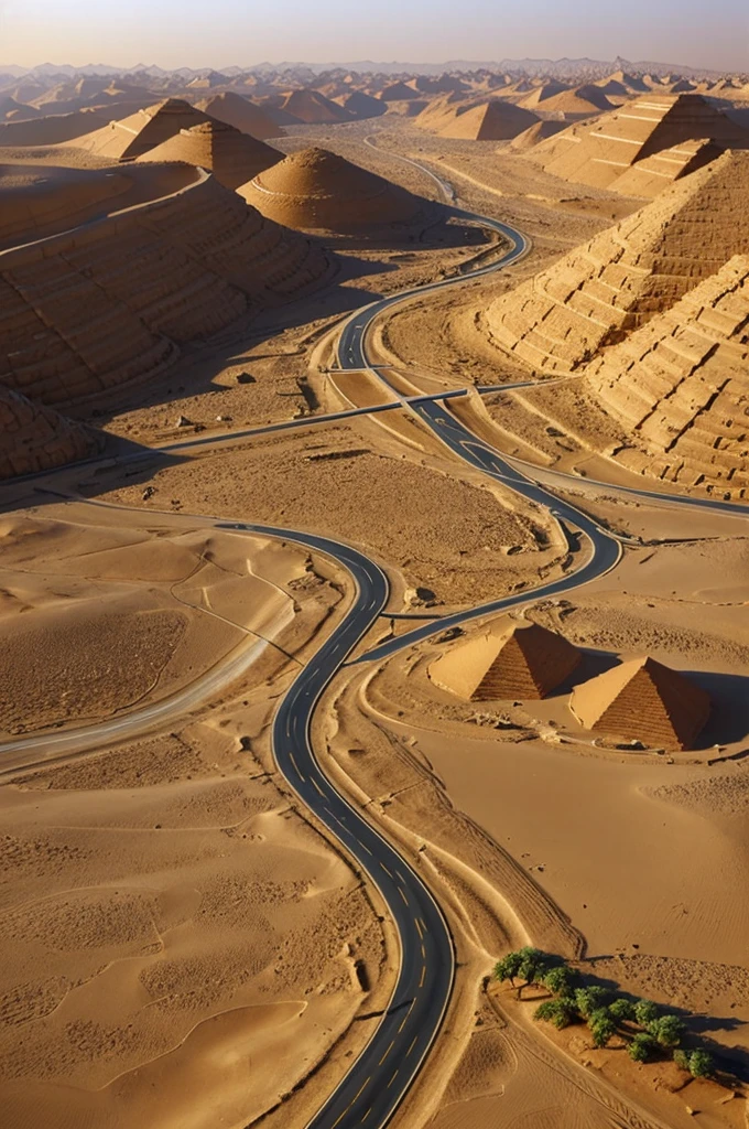 Create a 3D Egypt landscape that has a road and camels