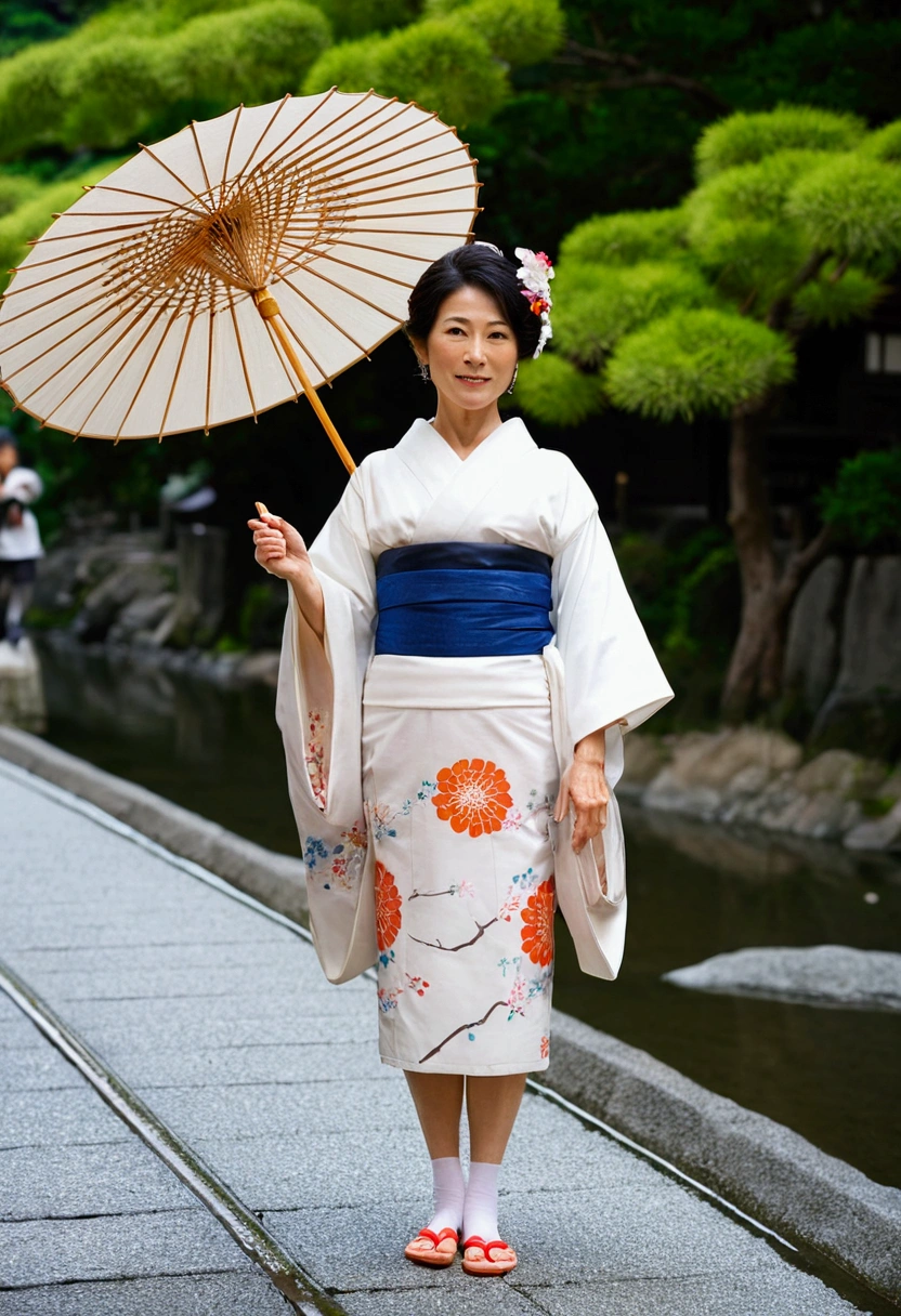A beautiful and elegant middle-aged Japanese woman. Wearing an exquisite and elegant noble kimono, white socks and flip-flops. She is holding a big oil paper umbrella. Appeared in scenes all over Osaka, Japan. Kyoto. Gion.Kamo River. Her appearance resembles Sayuri Ishikawa.