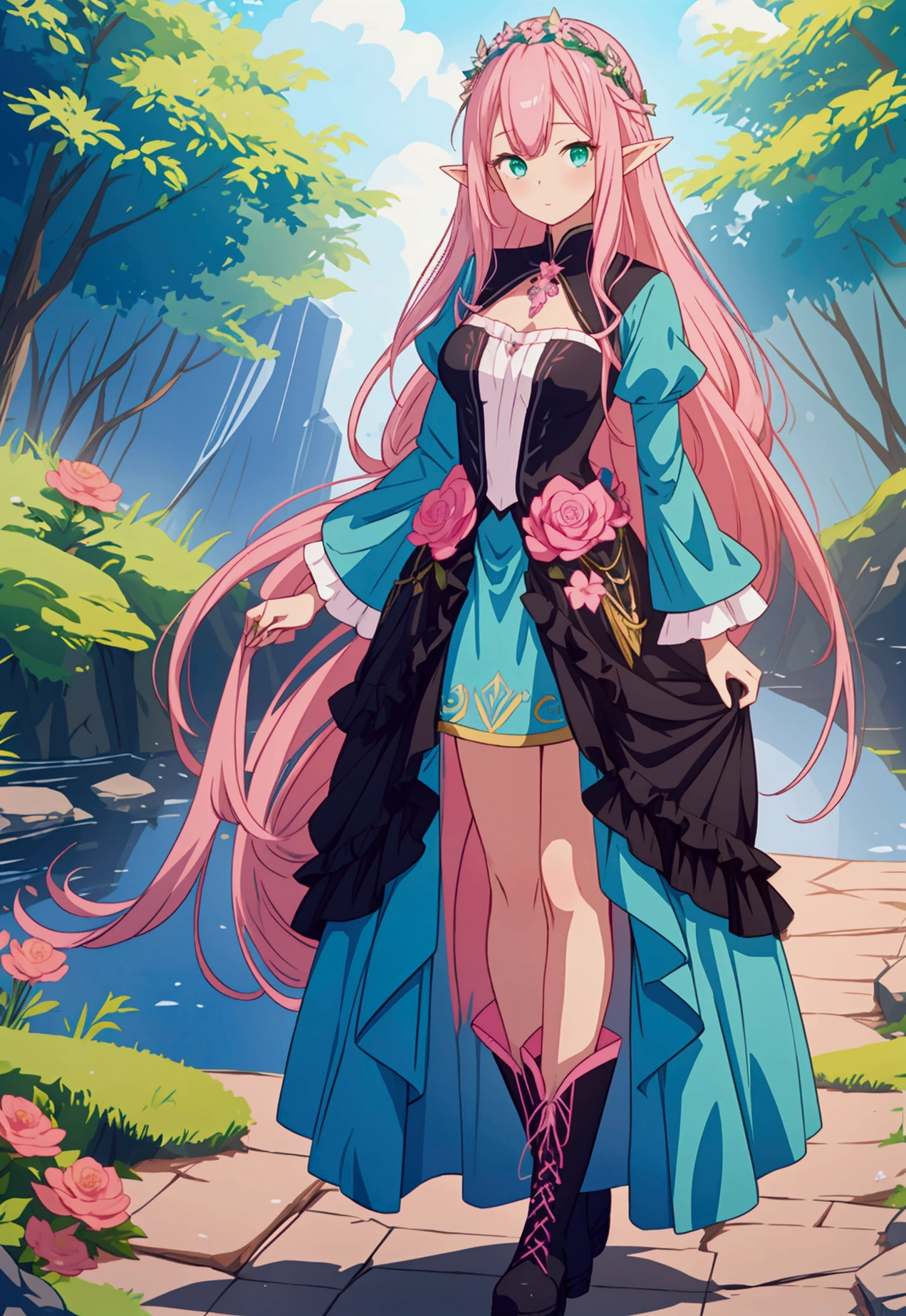 beautiful adult women elf, long pink hair and blue streaks hair, green eyes, with flower crown, black boots, blue dress, pink underskirt and black sleeves, full body.
