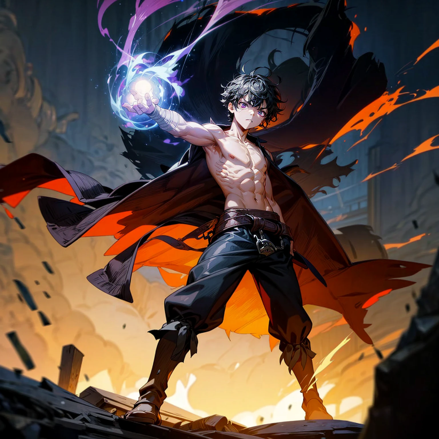 1boy, muscle, Full body version, 1character, purple eyes, short haircut, angry eyes, black color hair, topless, pirate cloak coat, long boots, Grassroots, full background in field town, motion blur, lighting, (one piece art), standing gesture, bandage, smoke effect, big fire burning in hand, plasma effect, Flames in the sky, light fire effect on hand, 