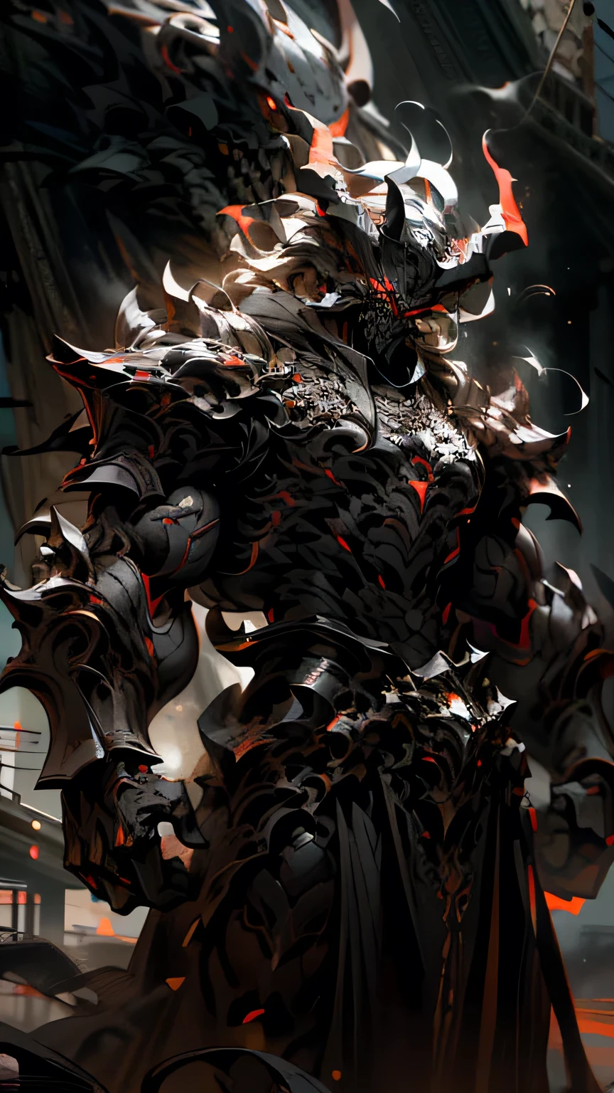 A demonic figure in black armor, muscular build with long horns, glowing red eyes, fists wreathed in fire, expelling smoke from his nose, (best quality,4k,8k,highres,masterpiece:1.2),ultra-detailed,(realistic,photorealistic,photo-realistic:1.37),horror,dark fantasy,dramatic lighting,cinematic,moody colors,chiaroscuro,volumetric fog,intricate details