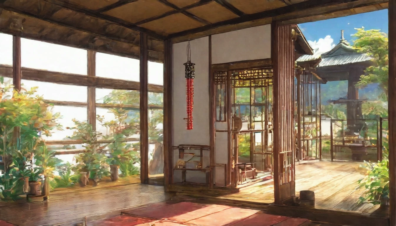 summer,Inside the house,Japanese style veranda,sunny,Ghibli style wind chimes,Highest quality, 8k, High resolution, masterpiece:1.2, Very detailed, Realistic:1.37, High resolution, 超High resolution, Very detailed, Professional, Vibrant colors