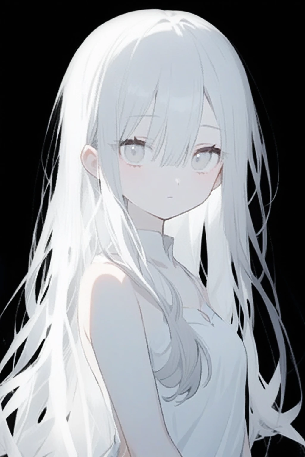 anime girl with long gray hair and white dress looking at camera, gray haired, girl with gray hair, perfect gray haired girl, A white-haired, gray haired deity, gray hair, one girl has gray hair, flowing gray hair, gray haired lady, with long gray hair, with long white hair, Shikamimi, her hair is white
