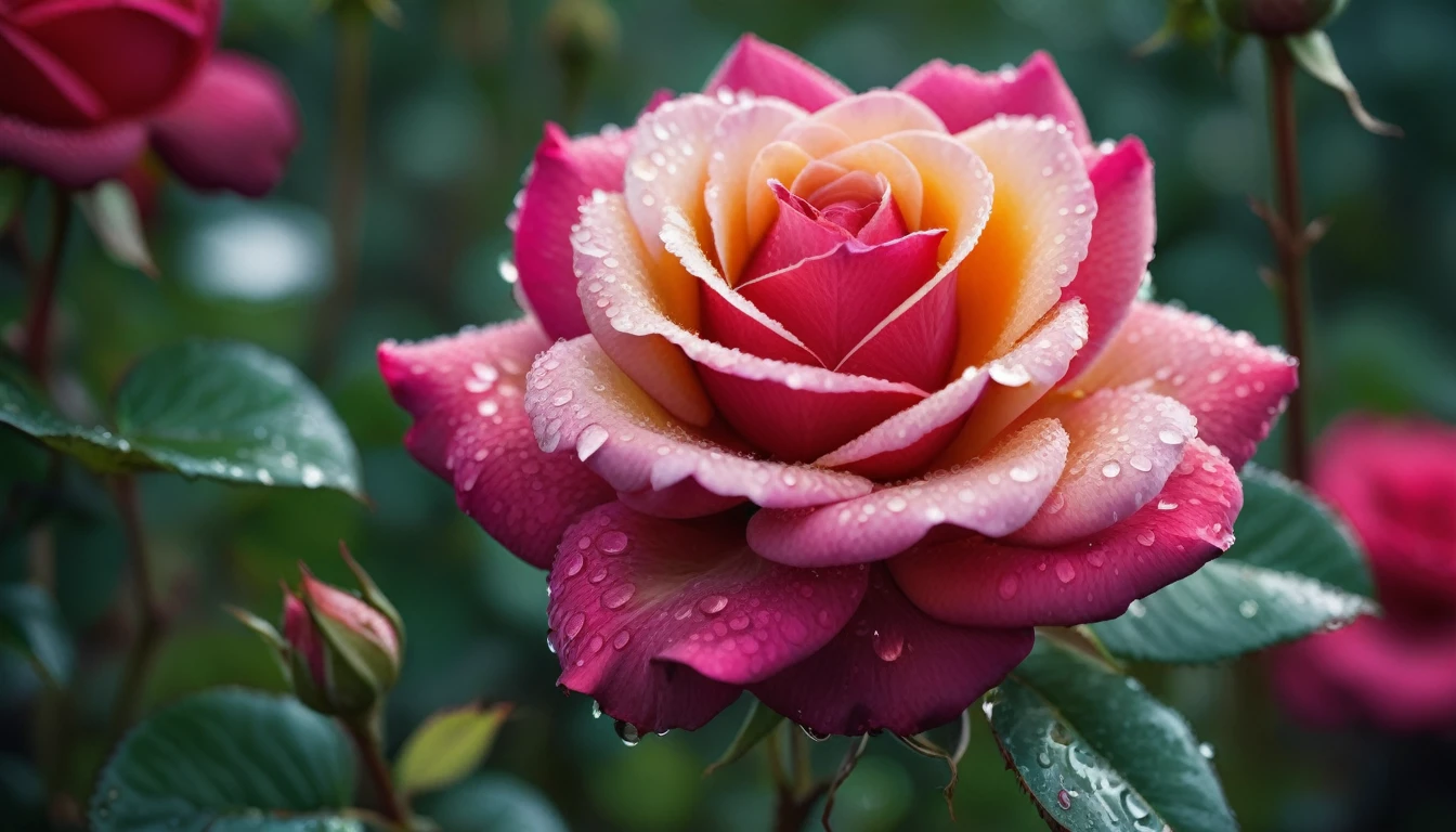 Many colorful rose flowers in the garden and sunlight with bokeh, dew drops on flower petals,automatic optional scene, defocused background creating a bokeh effect, nature's palette in full display, natural light, ultra fine details, ,Shot with Canon 35mm lens, photo of a rose, taken with a pentax k1000, Shot with Pentax 1000, Two 5-mm ports, Shot at Kodak Portra, Rose Twinings, Red Rose, 35mm shot