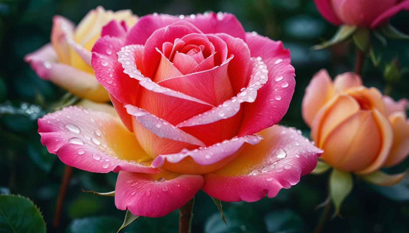Many colorful rose flowers in the garden and sunlight with bokeh, dew drops on flower petals,automatic optional scene, defocused background creating a bokeh effect, nature's palette in full display, natural light, ultra fine details, ,Shot with Canon 35mm lens, photo of a rose, taken with a pentax k1000, Shot with Pentax 1000, Two 5-mm ports, Shot at Kodak Portra, Rose Twinings, Red Rose, 35mm shot