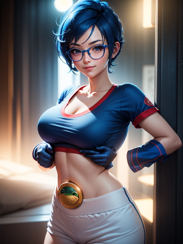 (at night), in a video game scene, a background of a beautiful city during the day raining, standing at attention, semi-short blue hair, glasses on her head, a blue t-shirt on her chest, she has the face of a smiling frog logo type , big belt around the waist, blue fingerless gloves, white exercise pants ((blue hair)), 1 girl, alone, 20 years old, young woman, perfect hands, beautiful fingers, beautiful long legs, beautiful body, beautiful nose, beautiful character design, perfect face, looking at the viewer with serious gesture (focusing on his face), closed mouth, Light_Smile, official art, extremely detailed CG unity 8k wallpaper, perfect lighting, bright and colorful front lighting, glowing skin ( masterpiece: 1.0), (best_quality: 1.0), ultra high resolution, 4K, ultra detailed photography, 8K, HDR, high resolution, nonsense:1.2, Kodak portra 400, film grain, blurred background, bokeh:1.2, flare lens, (vibrant_color:1.2), professional photography, (Beautiful, breasts: 1.4), (beautiful_face: 1.5), (narrow waist),