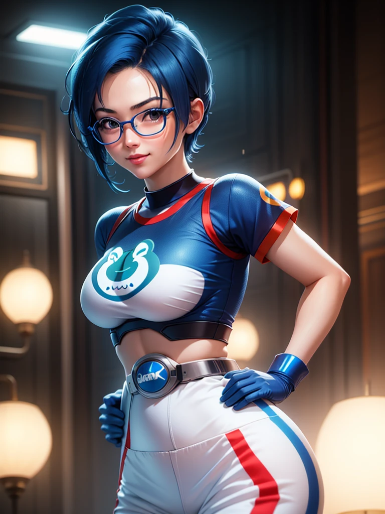 (at night), in a video game scene, a background of a beautiful city during the day raining, standing at attention, semi-short blue hair, glasses on her head, a blue t-shirt on her chest, she has the face of a smiling frog logo type , big belt around the waist, blue fingerless gloves, white exercise pants ((blue hair)), 1 girl, alone, 20 years old, young woman, perfect hands, beautiful fingers, beautiful long legs, beautiful body, beautiful nose, beautiful character design, perfect face, looking at the viewer with serious gesture (focusing on his face), closed mouth, Light_Smile, official art, extremely detailed CG unity 8k wallpaper, perfect lighting, bright and colorful front lighting, glowing skin ( masterpiece: 1.0), (best_quality: 1.0), ultra high resolution, 4K, ultra detailed photography, 8K, HDR, high resolution, nonsense:1.2, Kodak portra 400, film grain, blurred background, bokeh:1.2, flare lens, (vibrant_color:1.2), professional photography, (Beautiful, breasts: 1.4), (beautiful_face: 1.5), (narrow waist),
