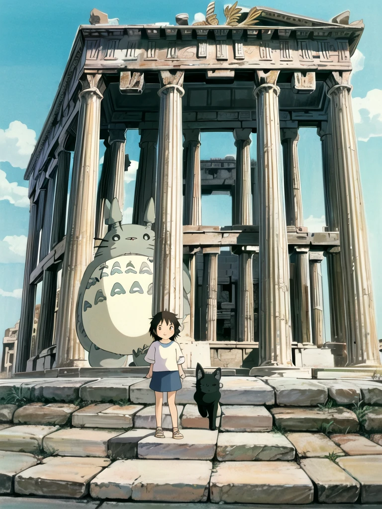 Ghibli style,Greece,((The background is the Parthenon)),((Cute big cat with Totoro ))