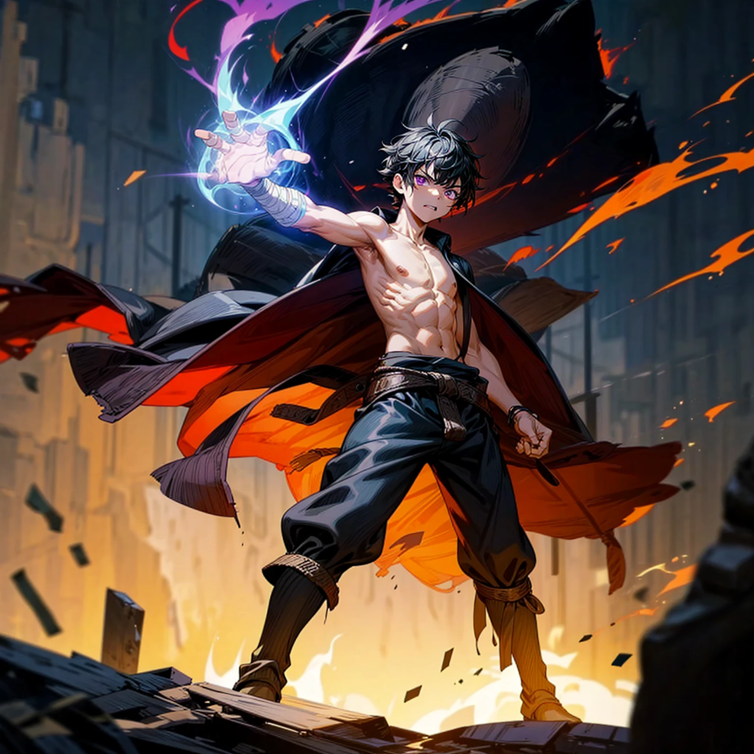 1boy, muscle, Full body version, 1character, purple eyes, short haircut, angry eyes, black color hair, topless, pirate cloak coat, long boots, Grassroots, full background in field town, motion blur, lighting, (one piece art), standing gesture, bandage, smoke effect, big fire burning in hand, plasma effect, Flames in the sky, light fire effect on hand,