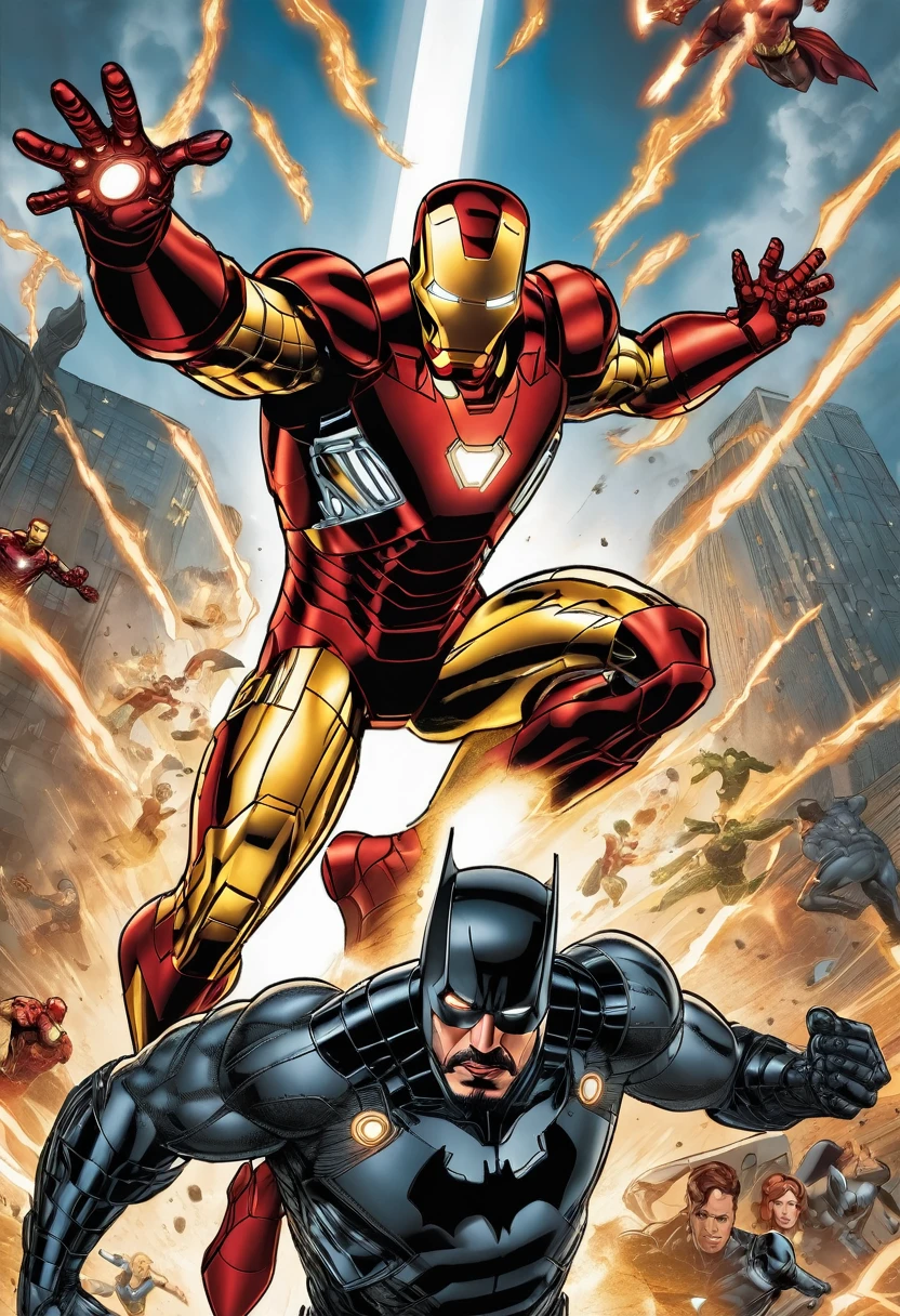Create a dynamic and action-packed scene depicting an intense confrontation between Iron Man and Black Widow from the Marvel Universe against Batman and Wonder Woman from the DC Universe. Capture the intensity and power of their confrontation as they unleash their extraordinary abilities and strategic prowess against one another.