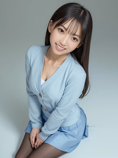 Japanese female, a lot of details, (underweight), 30 years old, detailed black hair, beautiful detailed hair, super fucking beautiful, delicate beautiful face, complex details beautiful and delicate eyes, perfect hands, (flat chest best quality:1.5), perfect and delicate limbs, detailed skin, best quality, ultra-detailed,(cheerful grin:1.5),
background photo, crouching, semi long, office lady,(light blue skirt, long sleeves, pantyhose, light blue jacket:1.1), dutch angle shot, side view, from below
