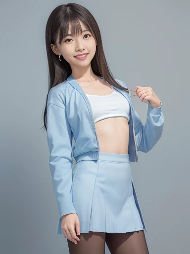 Japanese female, a lot of details, (underweight), 30 years old, detailed black hair, beautiful detailed hair, super  beautiful, delicate beautiful face, complex details beautiful and delicate eyes, perfect hands, (flat chest best quality:1.5), perfect and delicate limbs, detailed skin, best quality, ultra-detailed,(cheerful grin:1.5),
background photo, crouching, semi long, office lady,(light blue skirt, long sleeves, pantyhose, light blue jacket:1.1), dutch angle shot, side view, from below