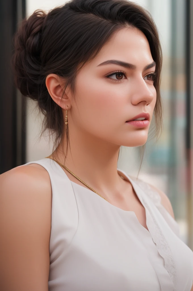 a ((full body)) of woman DemetOzdemir01 with brown eyes with waist, with closed formal t-shirt with closed collar, (autumn outfit), black outfit, bare shoulders, round collar, platinum white hair, very short hair with High Crown ((Braid)), Foundation, Concealer, Primer, BB Cream, CC Cream, Setting Powder, Blurring Stick, Tinted Moisturizer, Color Correctors,  from side, detailed skin texture, (blush:0.5), (goosebumps:0.5), subsurface scattering, Photorealistic, Hyperrealistic, Hyperdetailed, analog style, detailed skin, matte skin, soft lighting, subsurface scattering, realistic, heavy shadow, masterpiece, best quality, ultra realistic, 8k, golden ratio, Intricate, High Detail, film photography, soft focus, RAW candid cinema, 16mm, color graded portra 400 film, remarkable color, ultra realistic, textured skin, remarkable detailed pupils, realistic dull skin noise, visible skin detail, skin fuzz, dry skin, shot with cinematic camera, cyberpunk vibrant modern vivid backgroud