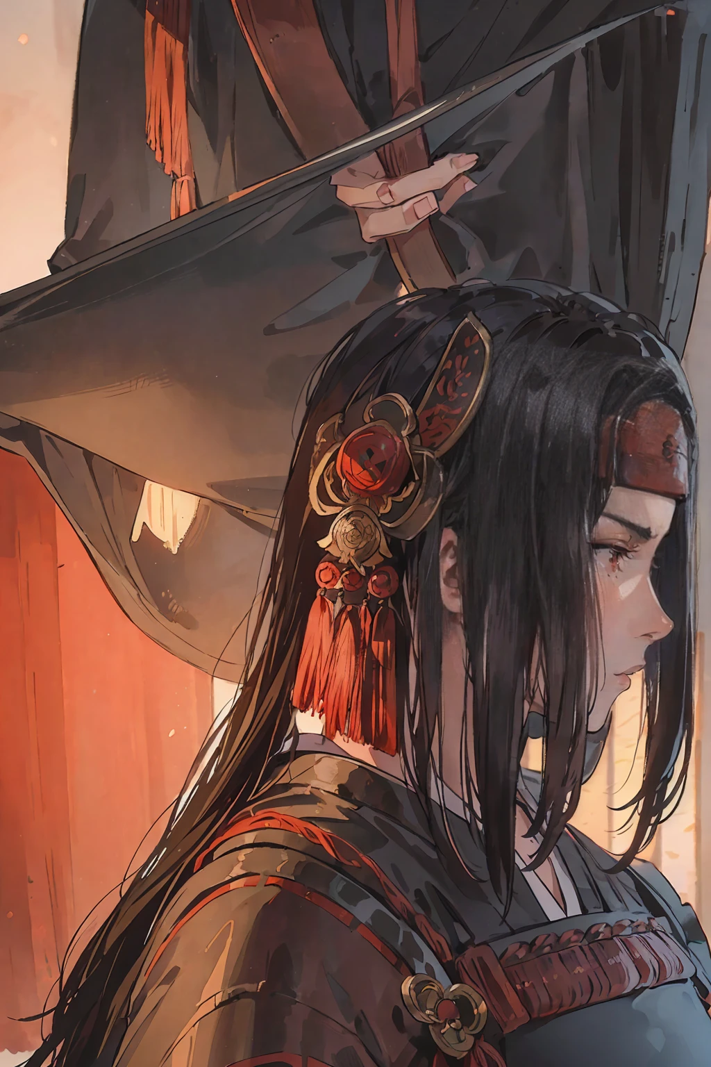 Rogue, a black haired , wearing a red samurai armor, long hair, fasion hair, samurai armor, slim body, shirt ornament, hakama, tall 187cm, 25yearold, samurai, katana, female, beautiful