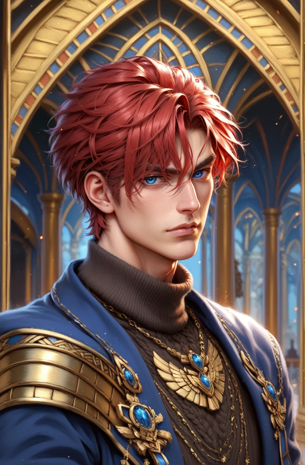 absurdities, High resolution, ultra detailed, HdR, masterpiece, Extremely detailed face and eyes, Red hair, disheveled, fringe, bushy eyebrows, White skin, serious, expressive blue eyes, detailed eyes, LOOKING AT THE SPECTATOR, 1 man, 30 year old man, Red hair, rasgos masculines, elegant, magical clothes with golden details, masculine, sorcery clothing, coffee tones clothing, archeology background, brown pants, Coffee sweater, egyptian theme, Complete plan