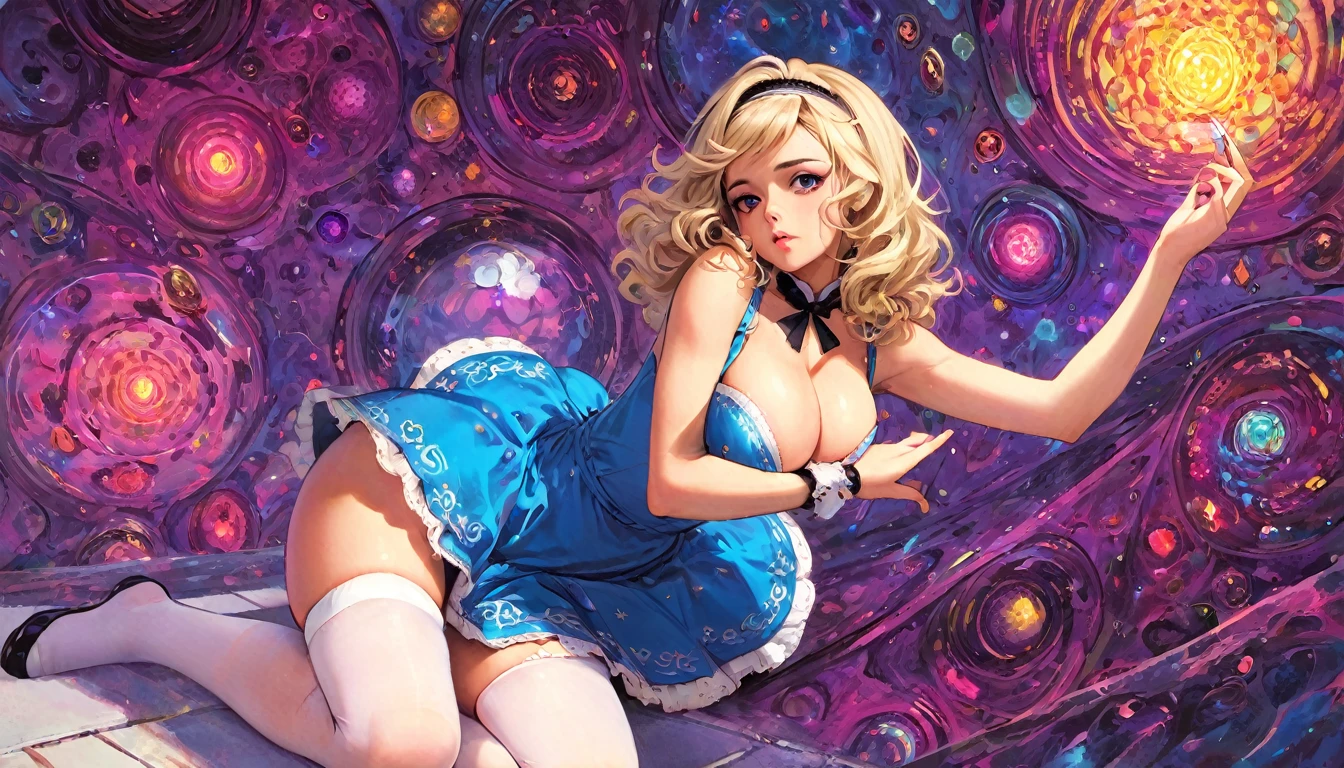 a beautiful 20 year old blonde woman with big messy hair in a blue dress, white stockings, black headband, , fantasy art style, rossdraws cartoon vibrant, alice in wonderland cyberpunk, cute detailed digital art, colorfull digital fantasy art, digital fantasy art ), glossy digital painting, rossdraws pastel vibrant, rossdraws 2. 5, rossdraws 1. 0